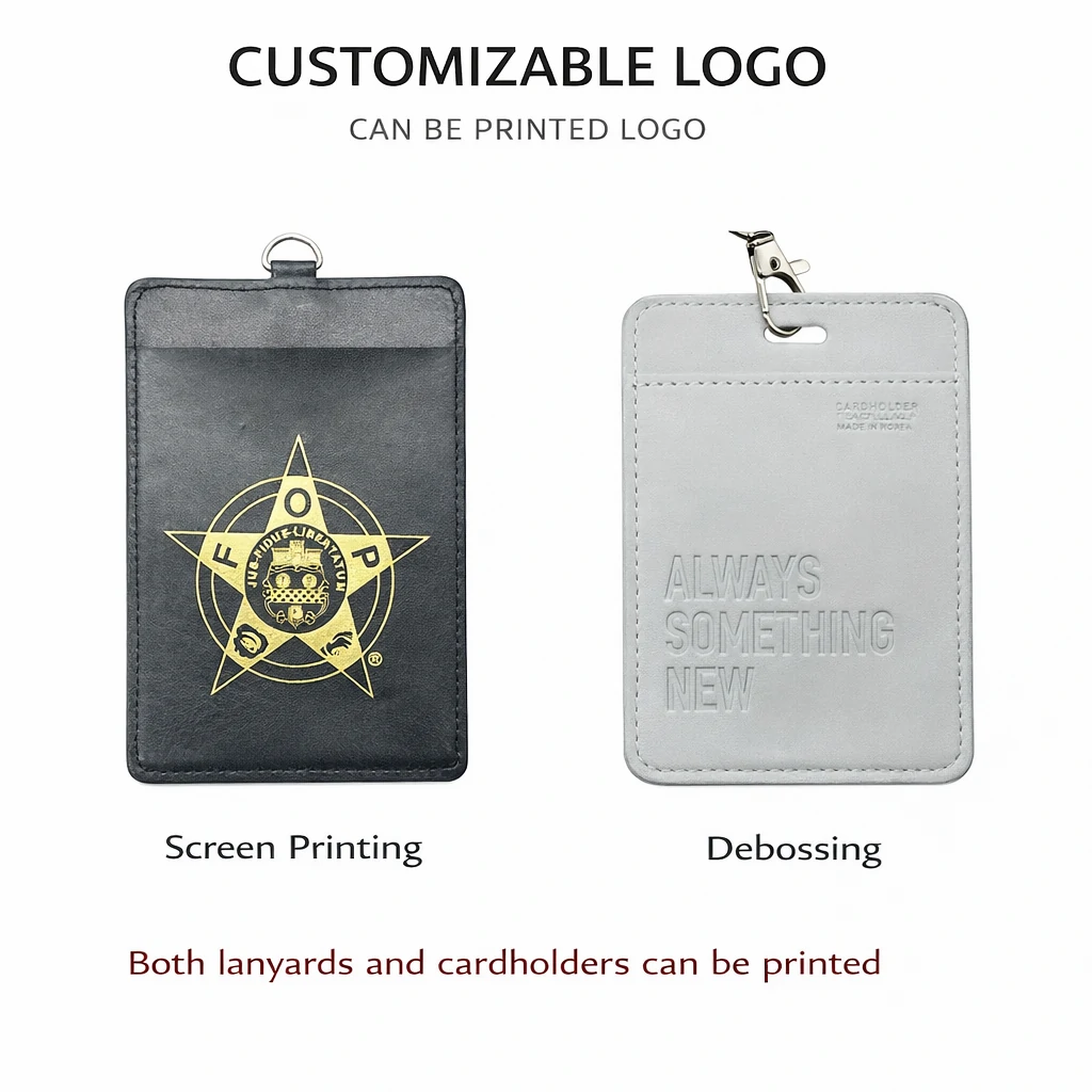 Genuine Leather ID Card Holder with Lanyard – Embossed Cowhide Badge Holder (OEM Factory)