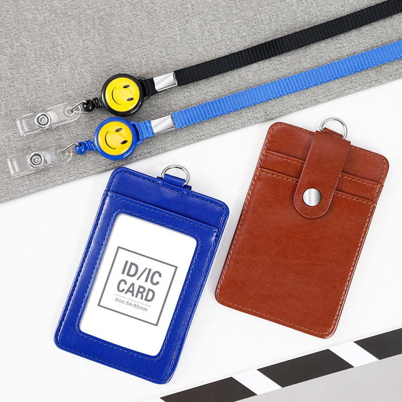 leather badge holder with lanyard clip and retractable reel options