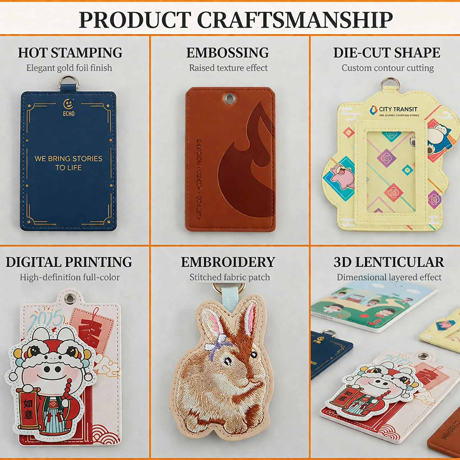 product craftsmanship options including hot stamping digital printing embossing embroidery die cut shape and 3d lenticular