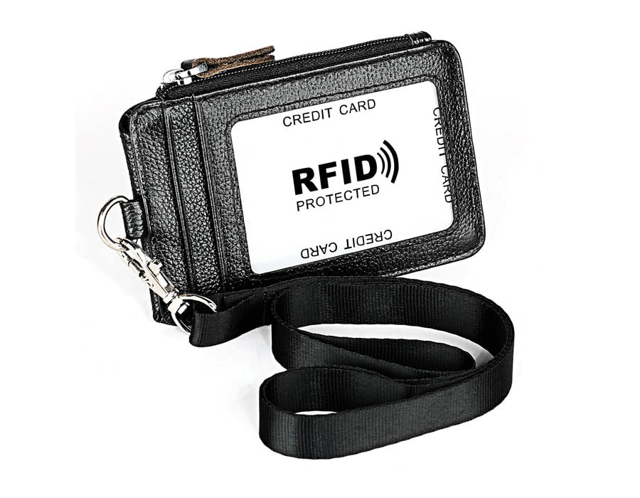 custom leather id badge holder with clear window and lanyard option