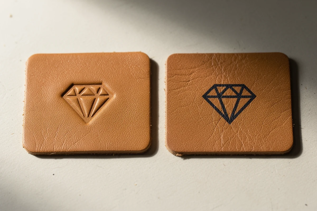 Two tan leather swatches showing a recessed diamond and a dark printed diamond