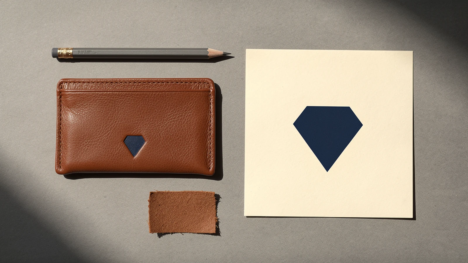 Cognac card sleeve beside a geometric logo proof, pencil and leather swatch