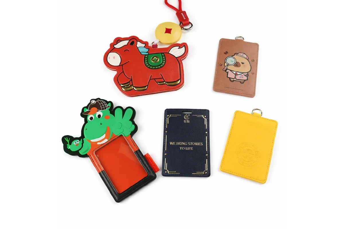 Printed, shaped and decorated card holder samples in several colors