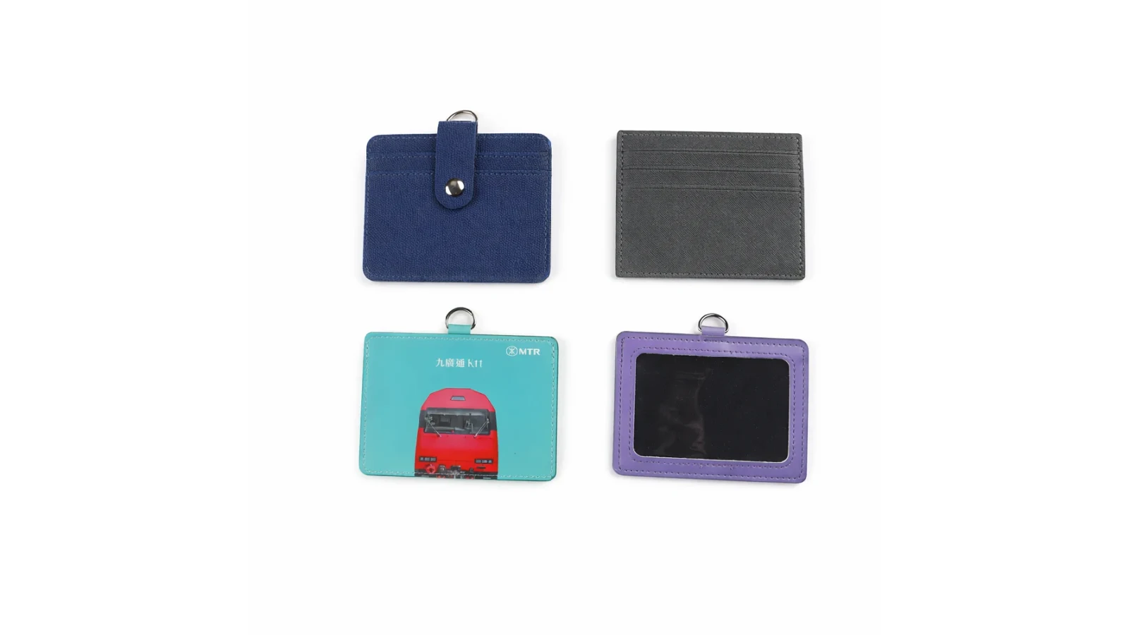 Card holder samples with multiple pockets, a snap tab and a clear display window