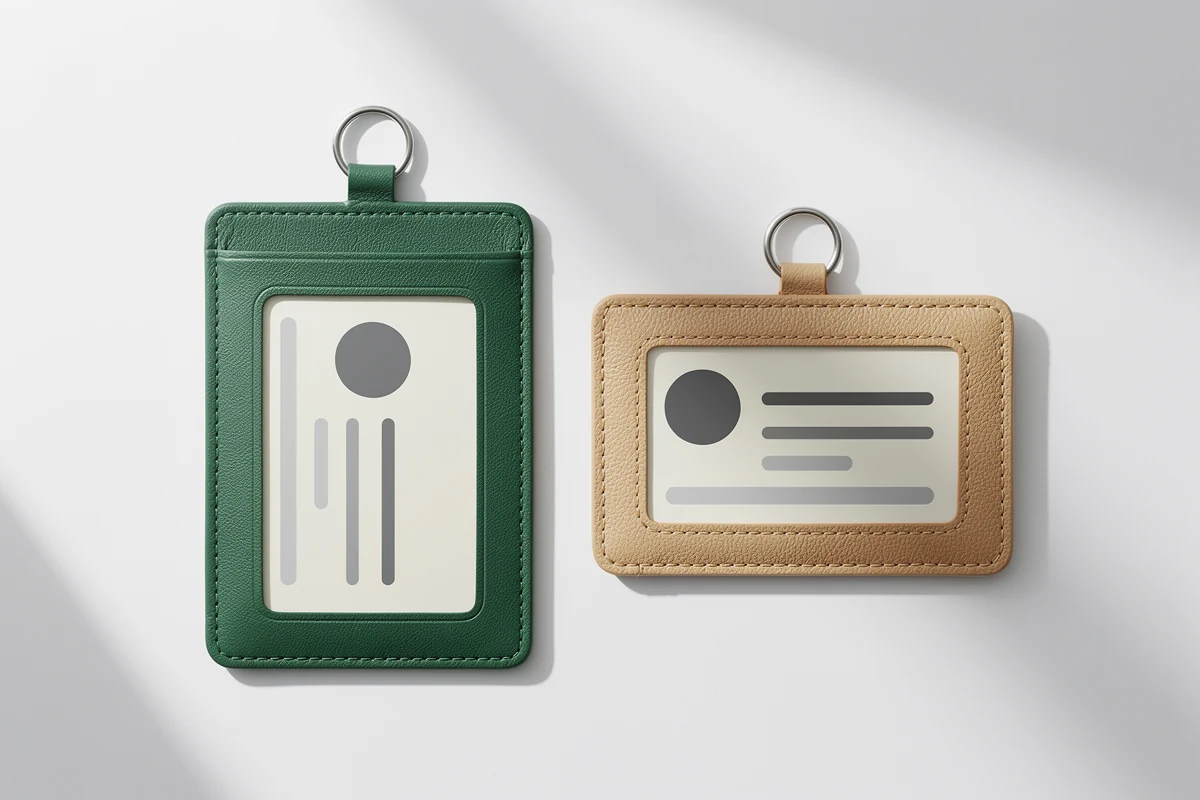 Green portrait and beige landscape badge holders with abstract card layouts