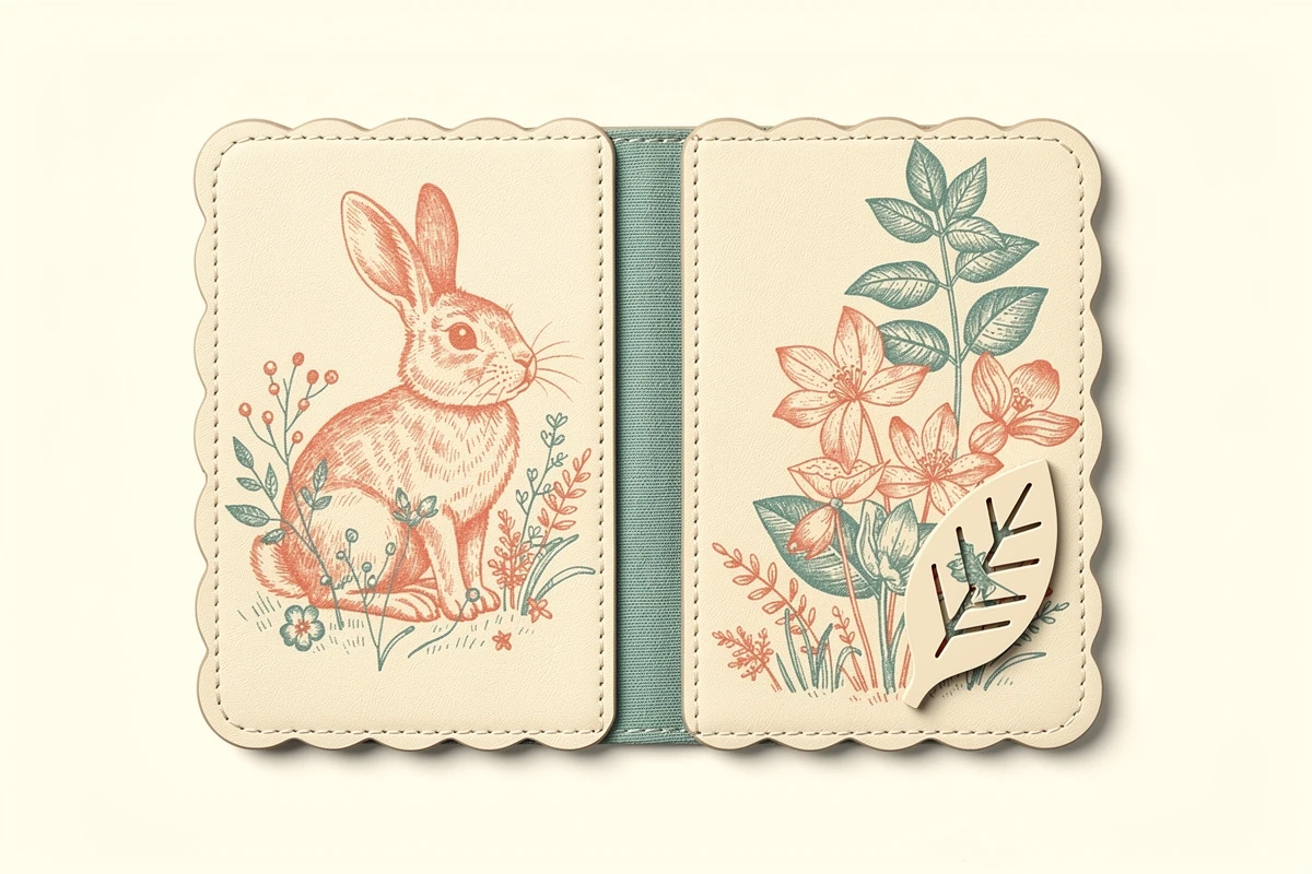 Open scalloped printed cover concept with rabbit and botanical artwork on separate panels