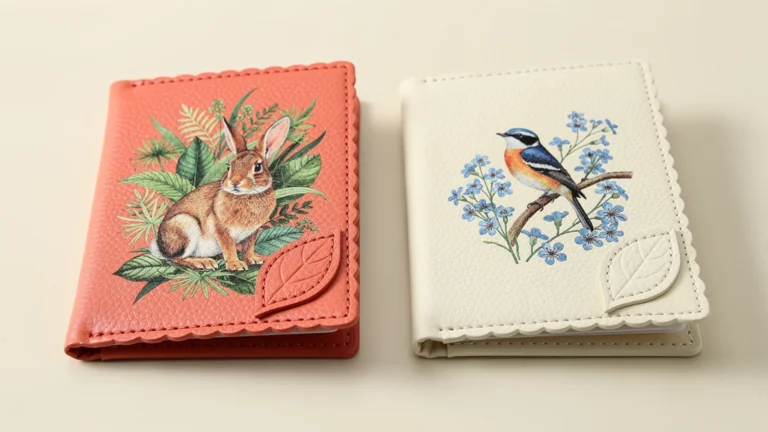 Closed printed PU bifold pass case concepts with rabbit and bird artwork