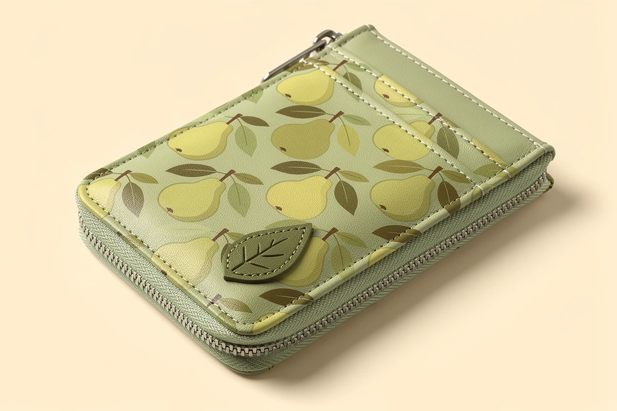 Sage pear-print zippered PU pouch concept with a thin leaf-shaped overlay