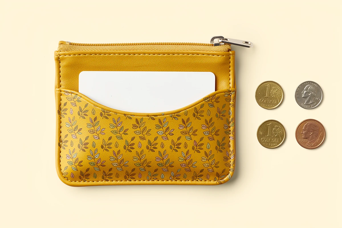 Yellow printed PU pouch concept with a closed zipper, external card pocket and loose coins