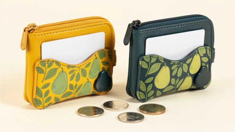 Mustard and teal pear-print PU card and coin pouch concepts with blank cards and coins