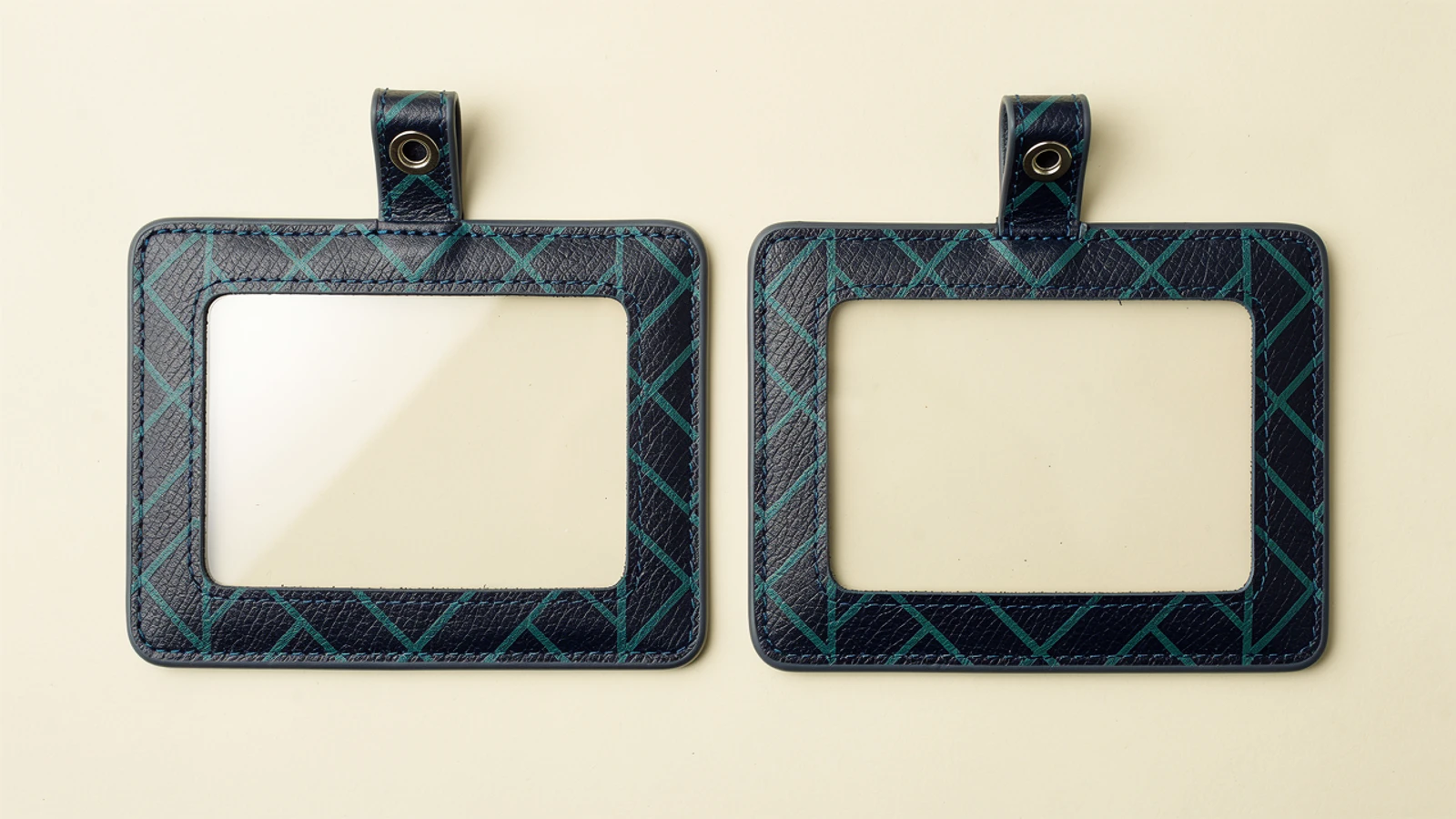 Navy and teal printed PU employee badge holder concepts with unobstructed rectangular windows