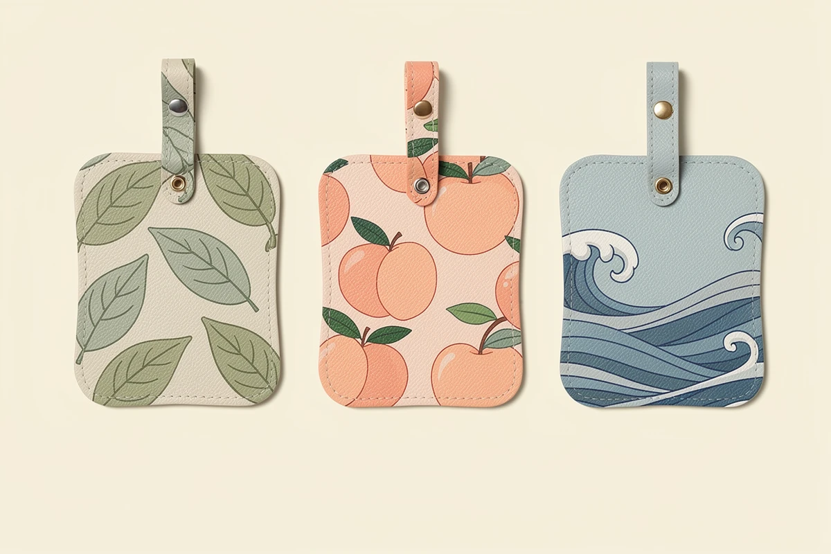 Three printed PU holder concepts with coordinated short tabs in leaf, fruit and wave patterns