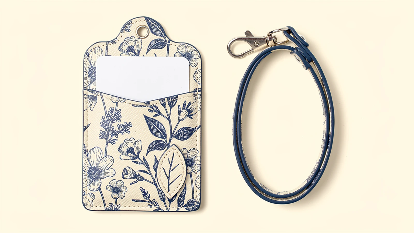 Blue floral printed PU card holder and coordinated short loop strap design concept
