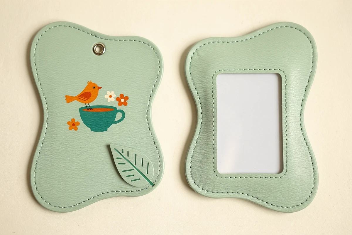 Front and rear concepts of a mint printed pass case with a card window