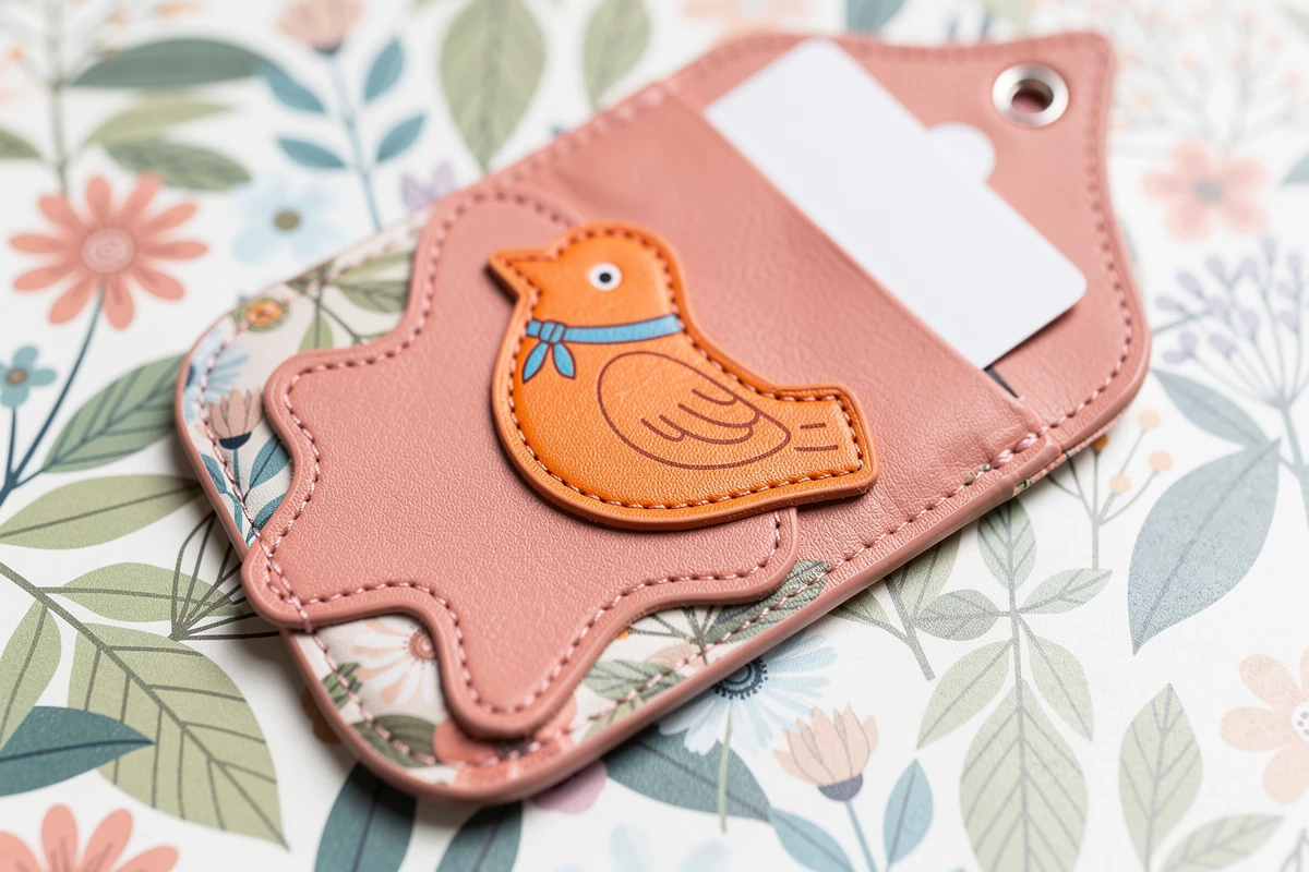 Printed orange bird panel layered over a coral PU pass case with botanical artwork