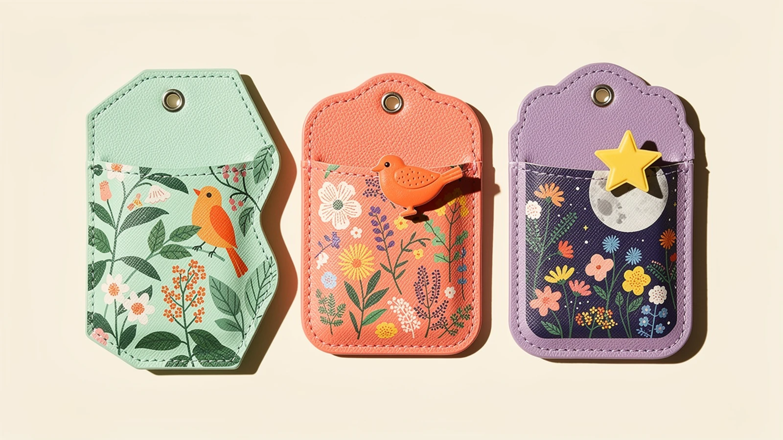 Three colorful printed PU pass cases with irregular outlines and layered decorative panels