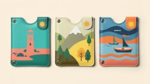 Three printed PU pass case concepts with lighthouse, mountain and sailing boat artwork