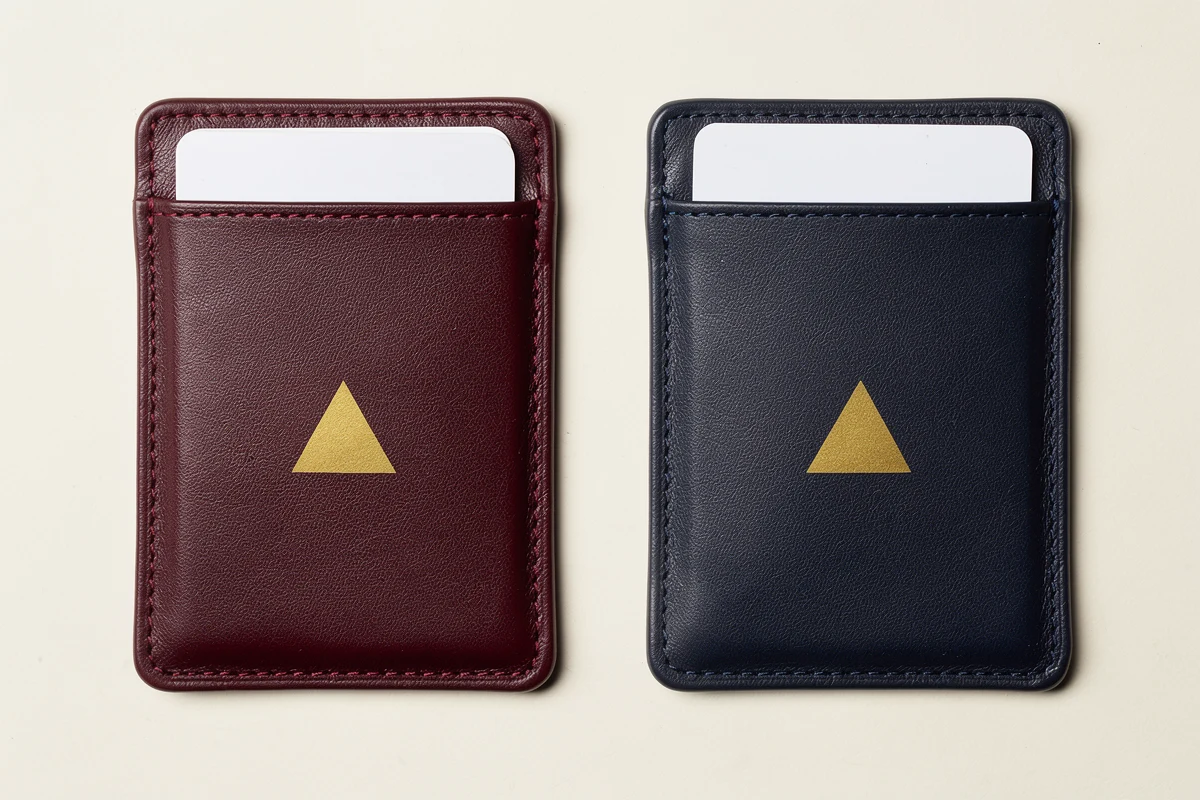 Burgundy and navy card sleeves with gold-colored triangular marks and blank cards