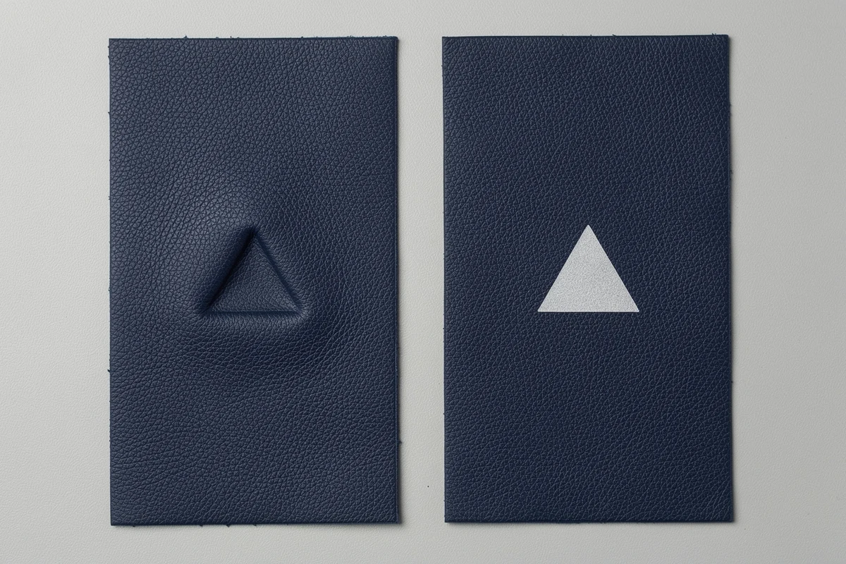 Two navy material swatches with tone-on-tone and silver-colored triangular marks