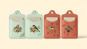 Mint and terracotta printed PU pass case concepts with bird artwork and blank cards