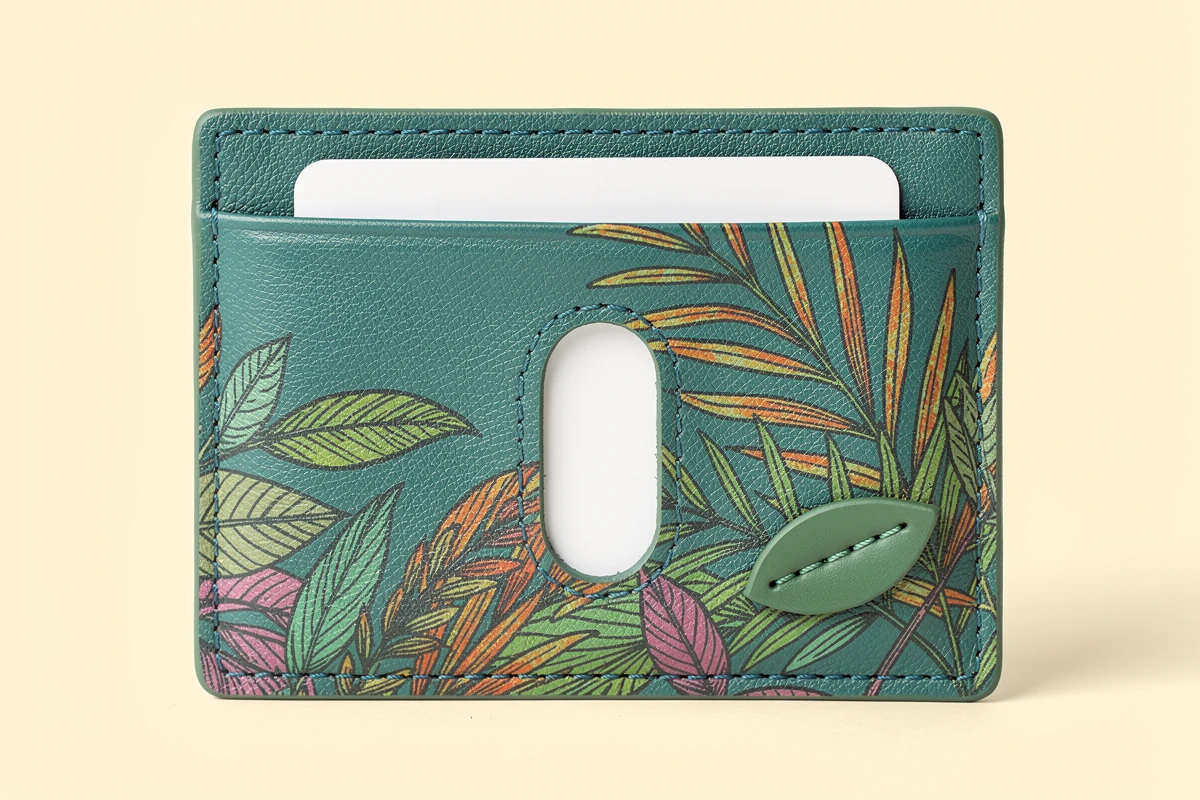 Botanical printed PU card holder with an oval opening revealing a blank card and a stitched leaf detail