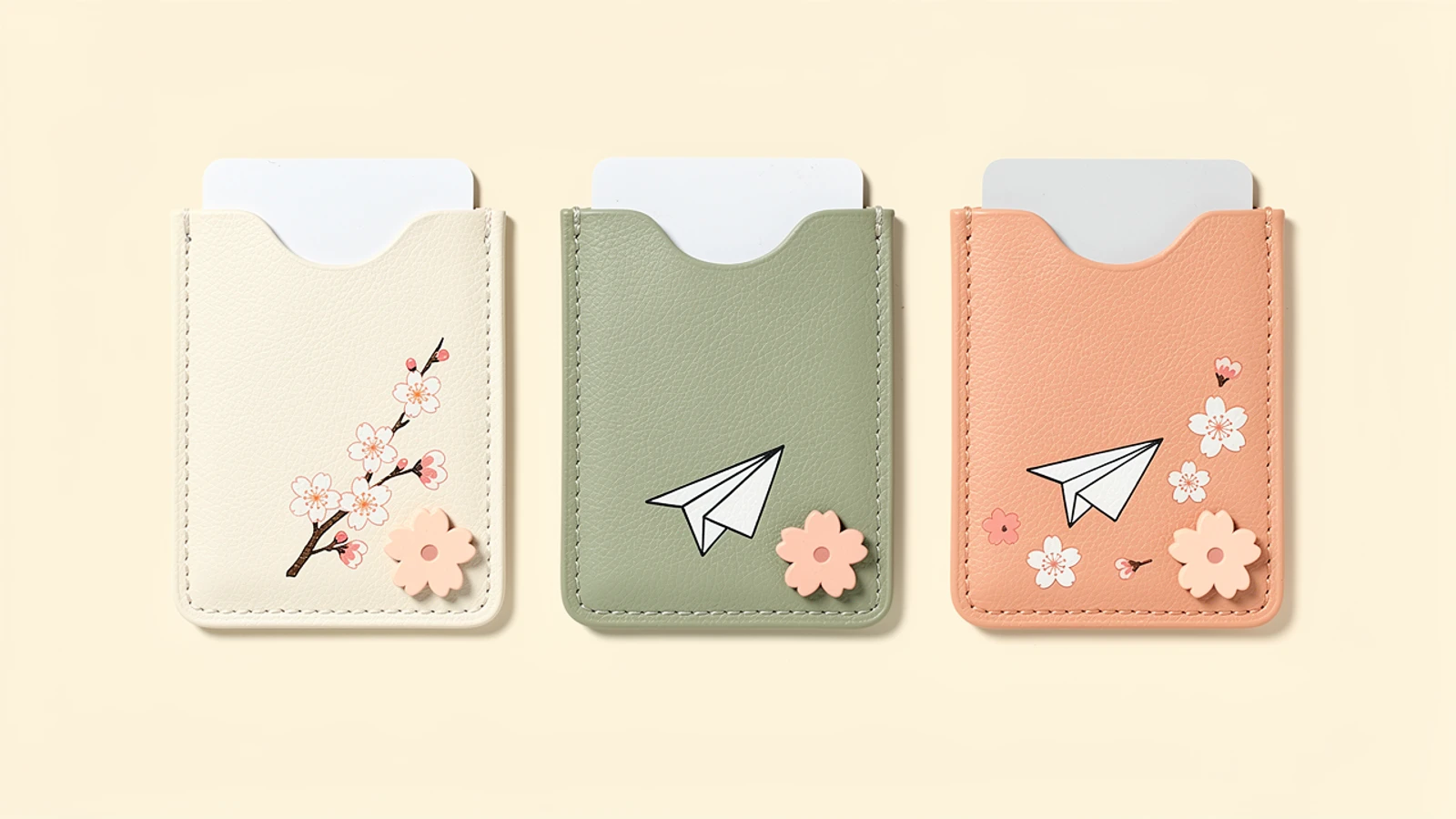 Cream, sage and peach printed PU graduation gift card holder concepts with blossoms and paper planes