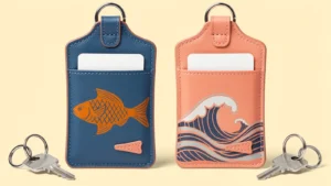 上部リング付きの青い魚柄とコーラル色の波柄PUカードケースと横に置いた鍵