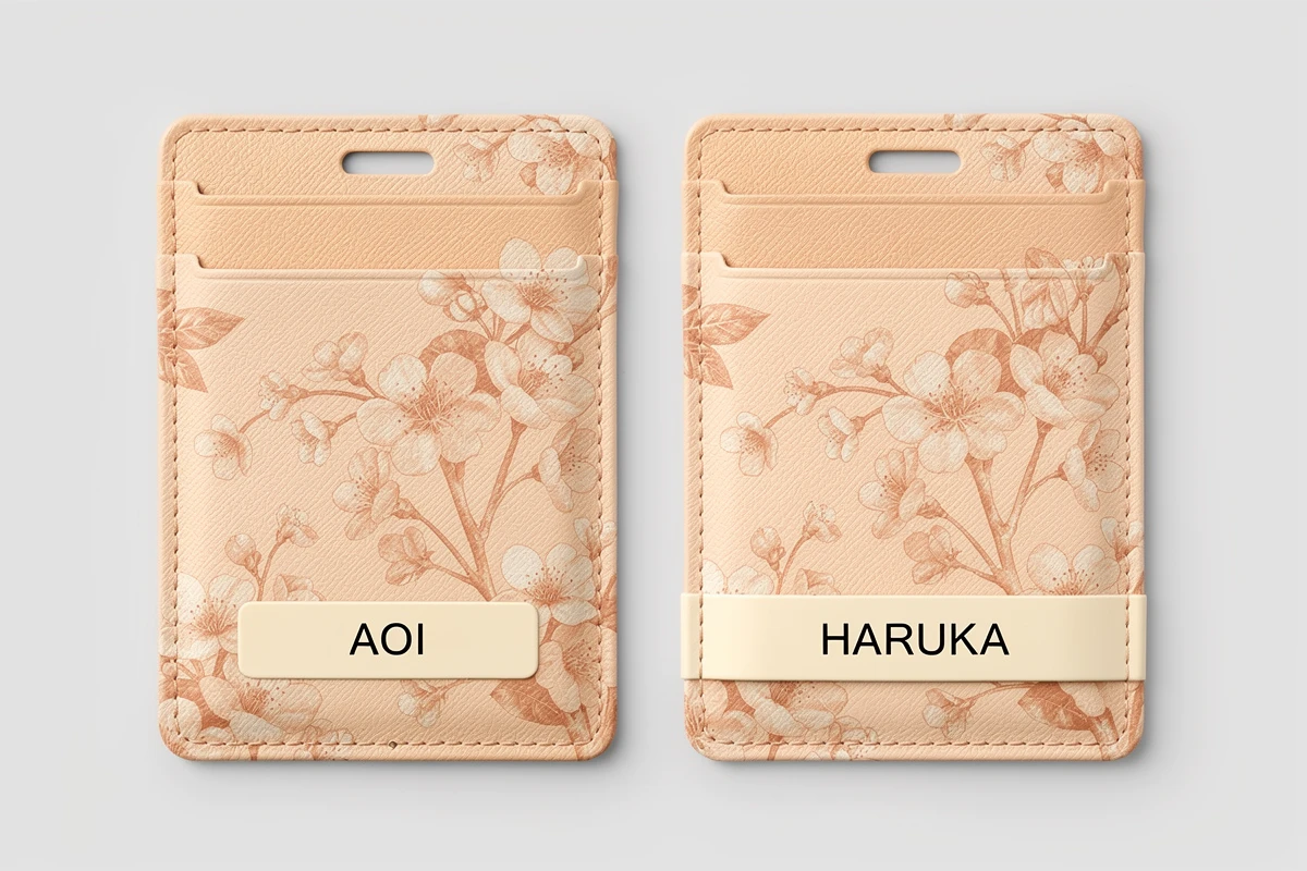 AOIとHARUKAの名前欄を比較する桃色の花柄カードホルダーの構想