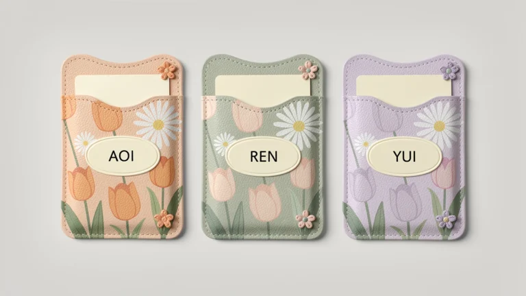 Three floral printed pass case concepts with fictional names AOI REN and YUI