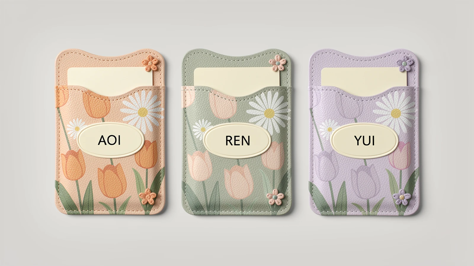 Three floral printed pass case concepts with fictional names AOI REN and YUI