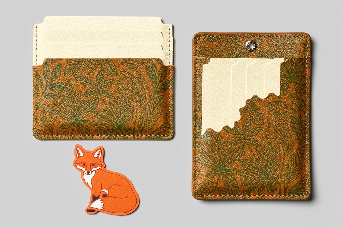 Botanical printed card holder panel concepts, stacked pocket pieces and a separate fox-shaped decoration