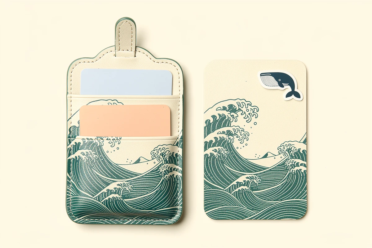 Two staggered card pockets with blue and peach cards beside a wave-printed panel with a whale decoration