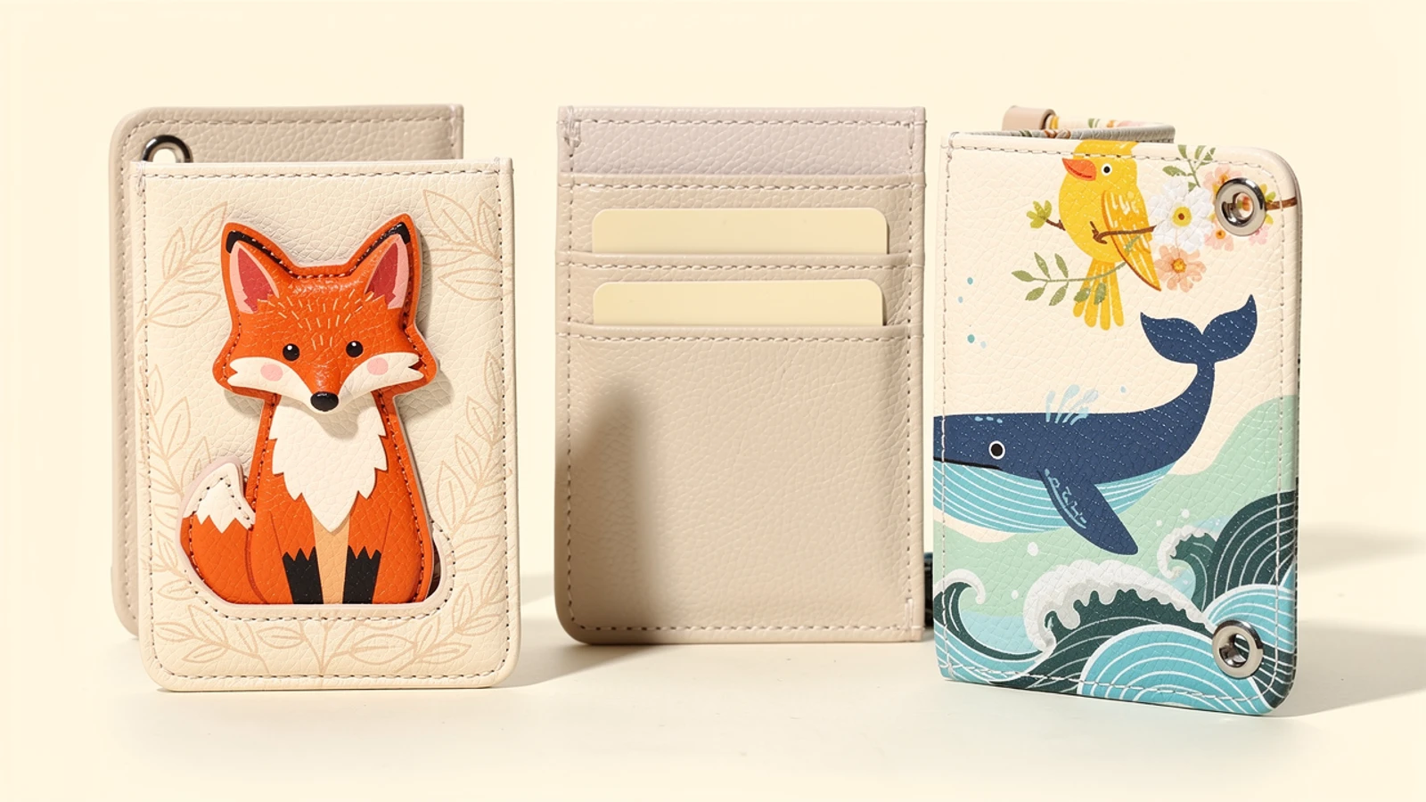 Printed PU pass case concepts with fox, bird and whale artwork beside staggered card pockets