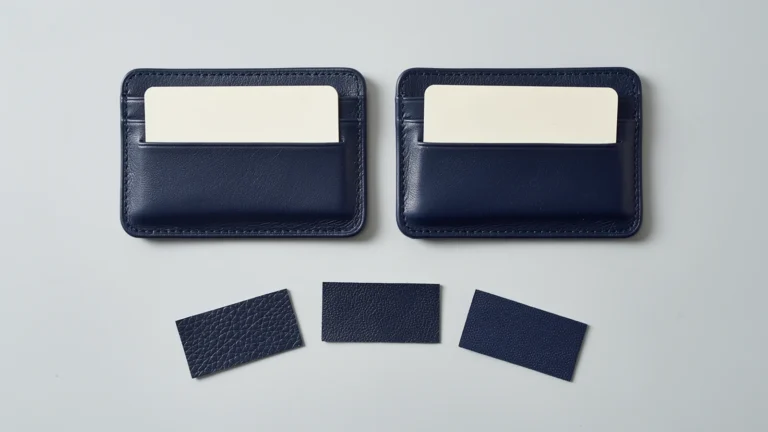 Two navy card sleeves with blank cards beside navy material swatches