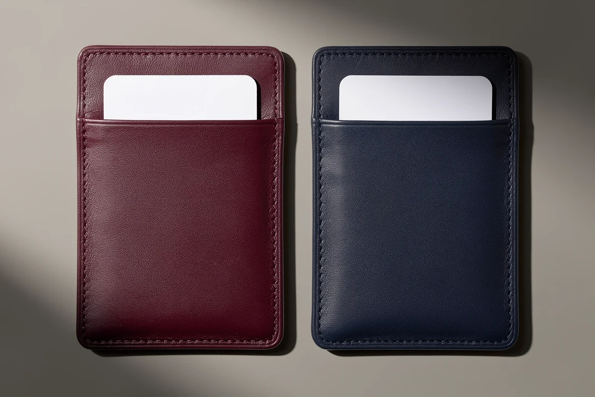 Burgundy and navy card sleeves each holding a separate blank card