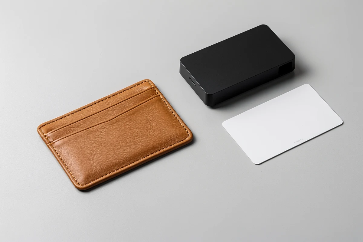 Empty tan card sleeve beside a separate blank card and a black desktop reader