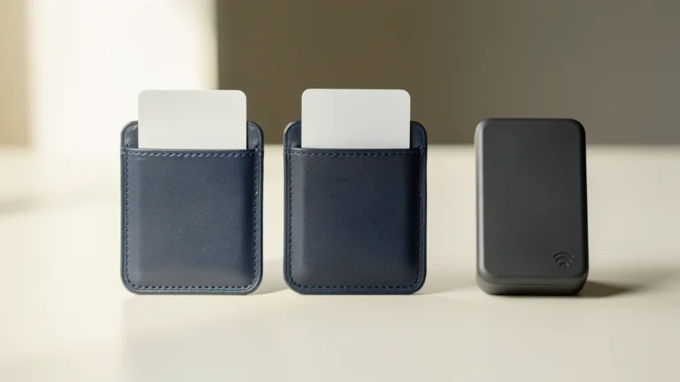 Two navy card sleeves holding blank cards beside a dark desktop reader