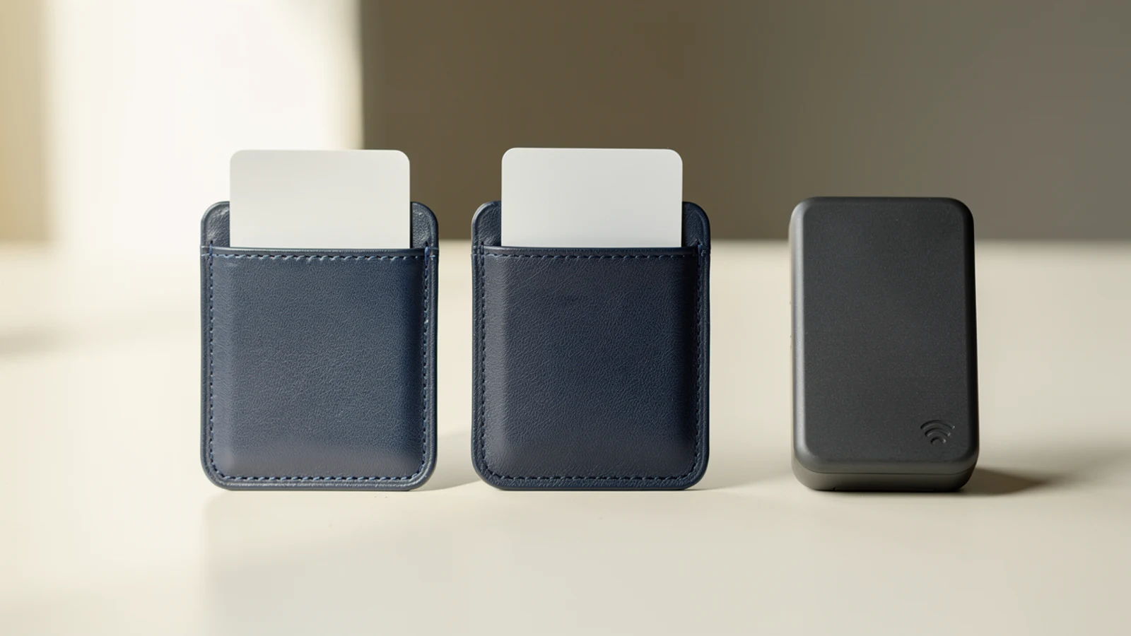 Two navy card sleeves holding blank cards beside a dark desktop reader