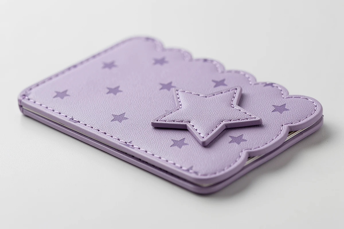 Lavender scalloped card holder concept with printed stars and a raised stitched star piece