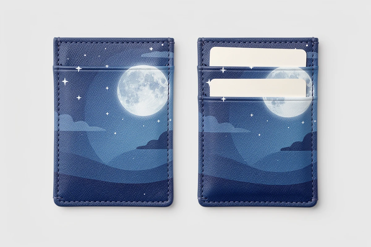 Blue moon-print card holder concepts shown empty and with two blank cards
