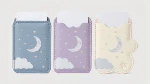 Three moon-and-cloud printed PU pass case concepts with different outlines and blank cards
