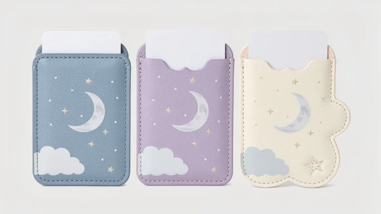 Three moon-and-cloud printed PU pass case concepts with different outlines and blank cards