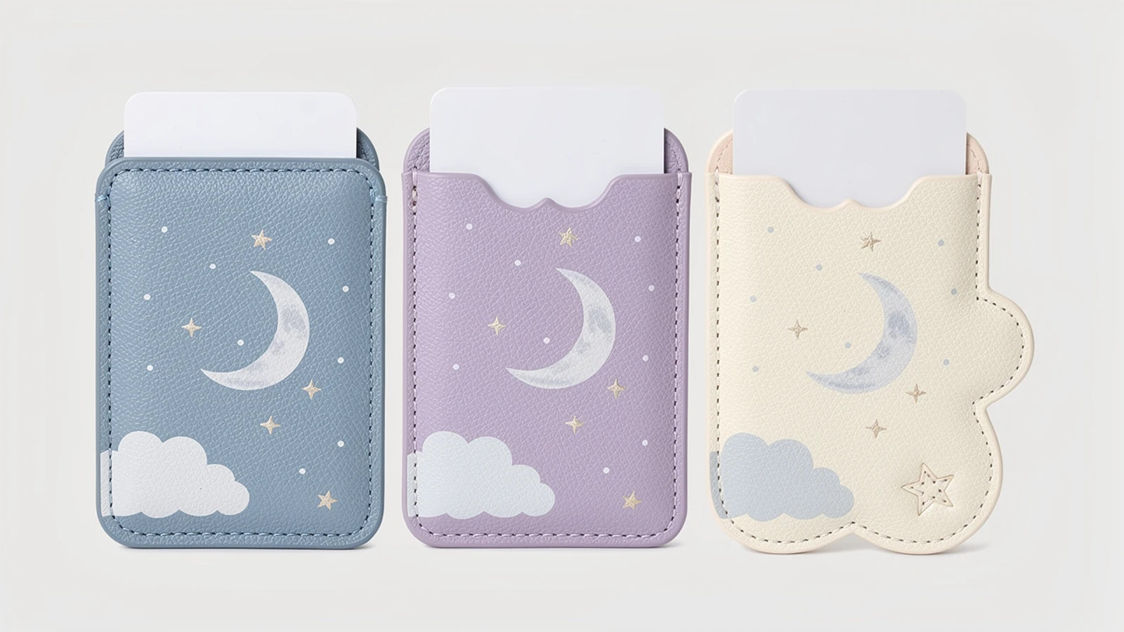 Three moon-and-cloud printed PU pass case concepts with different outlines and blank cards