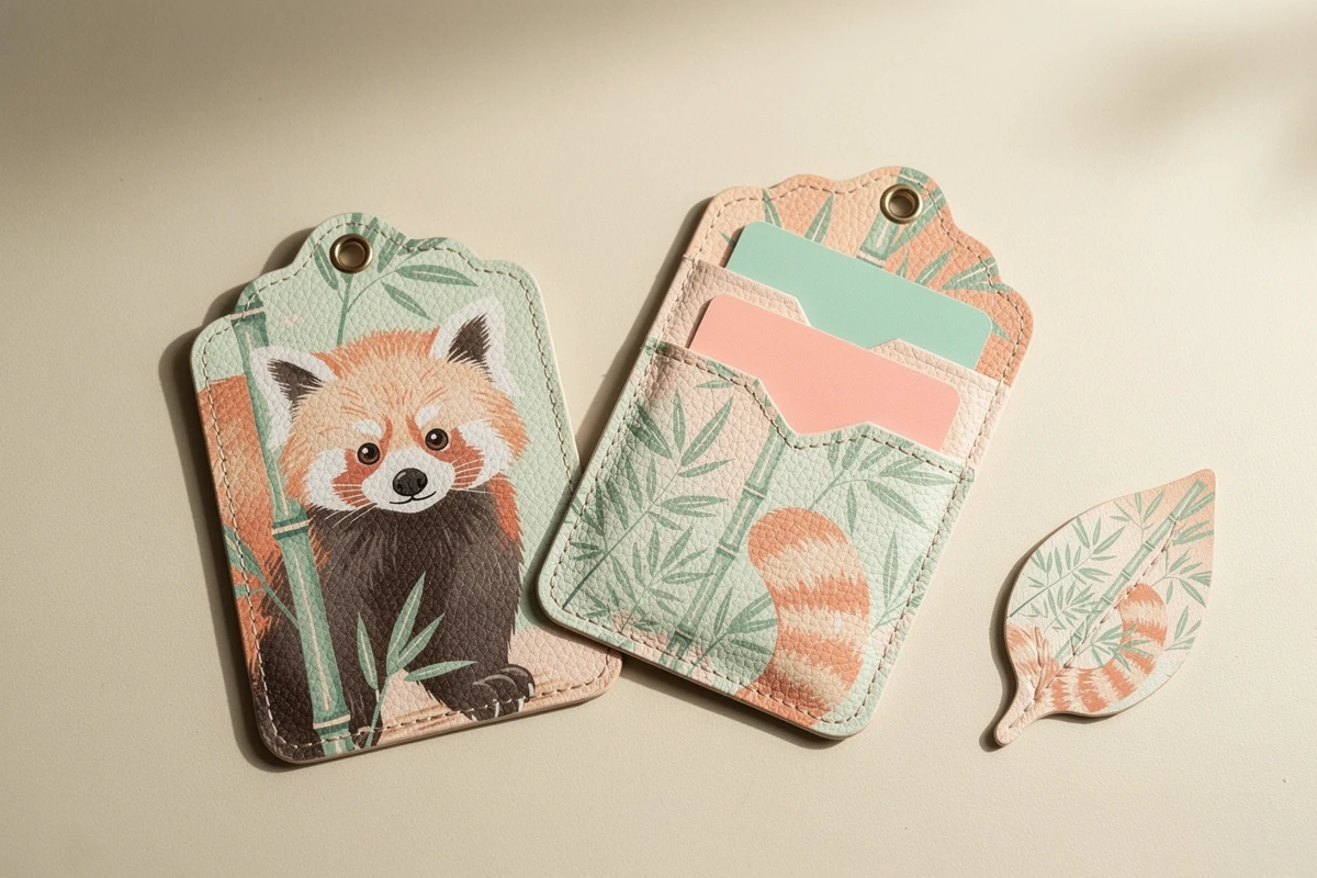 Red panda printed card holder concepts showing a front, two card positions and a separate leaf-shaped panel