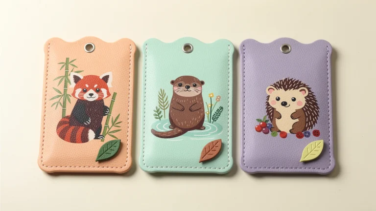 Three scalloped printed PU pass case concepts with red panda, otter and hedgehog illustrations