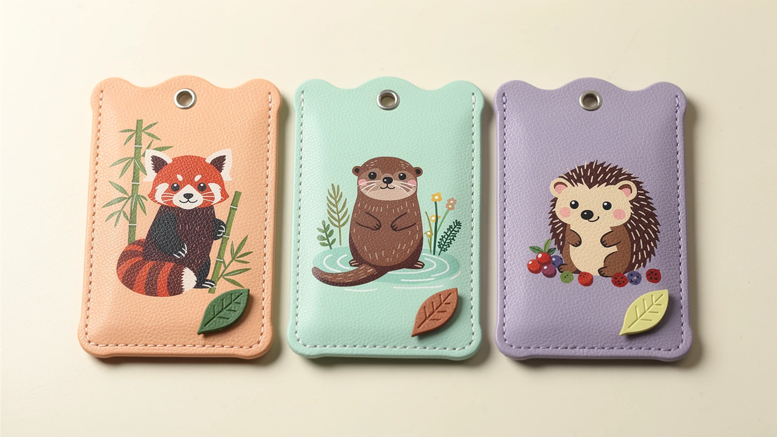 Three scalloped printed PU pass case concepts with red panda, otter and hedgehog illustrations