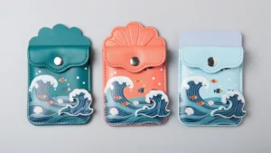 Three ocean-print PU pass case concepts with snap flaps and raised wave decorations